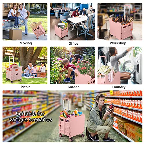 Foldable Utility Cart Collapsible Portable Crate Rolling Carts With Wheels Tote Basket With Magnetic Lid Telescopic Cover Wear-Resistant 360°Rotate Wheel Noiseless For Shopping Storage Office Use #TOP3