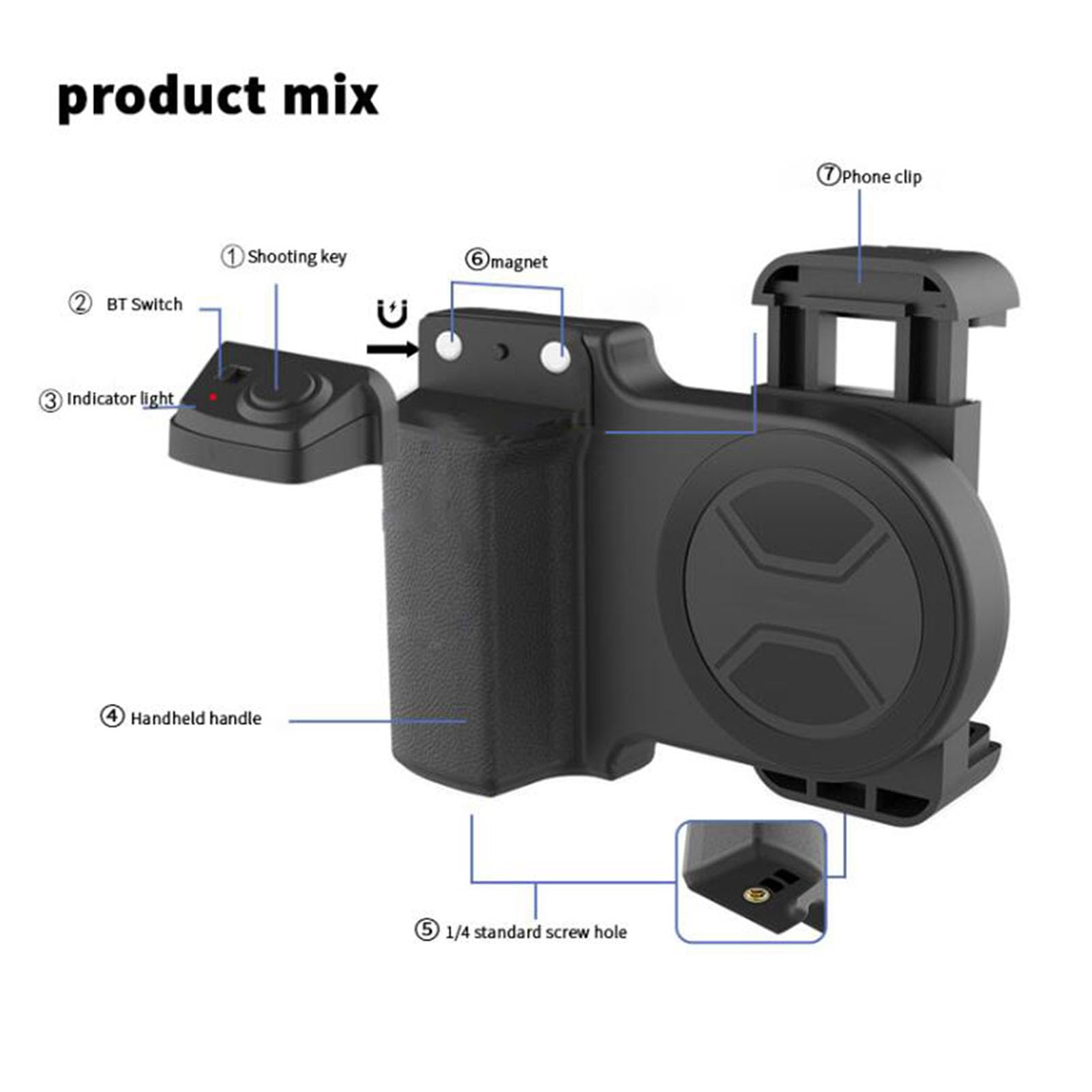 Impugnatura Per Fotocamera Smartphone Con Telecomando Bluetooth 10m - Supporto Ergonomico Con Attacco Treppiede 1/4 Di Pollice - 3