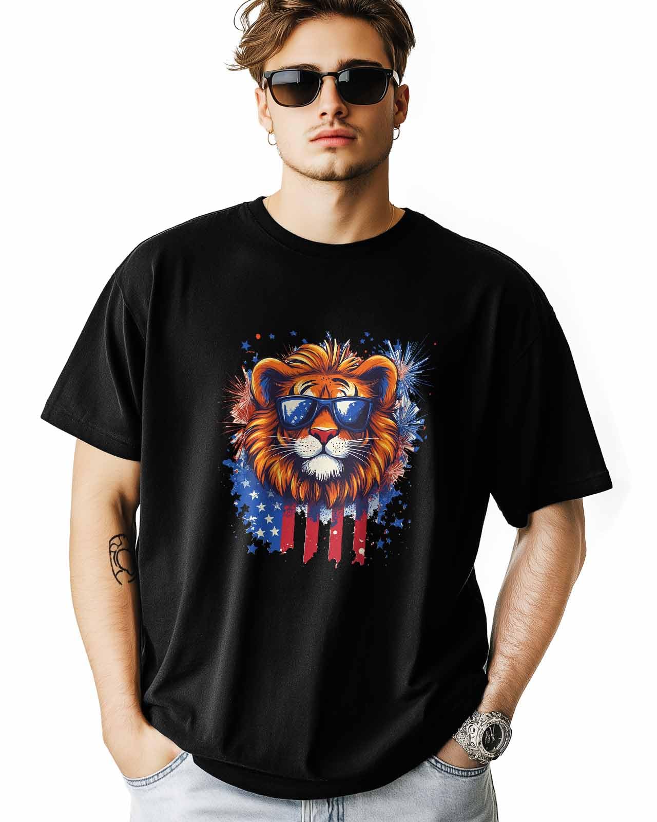 T-Shirts for Men Tiger Fireworks Crew Neck Cotton T-Shirt Mens Short Sleeve Black-XL