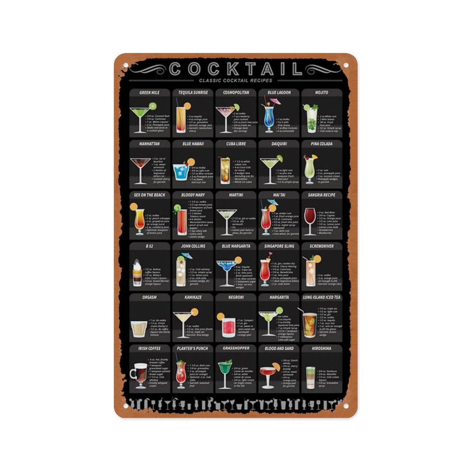 peiyeety Cocktail Classic Recipes Bartender Poster Cocktail Gifts Guide Art Print Wall Metal Tin Sign Plaque, For Cafe Beer Club Wall Home Decor 12x8 Inch