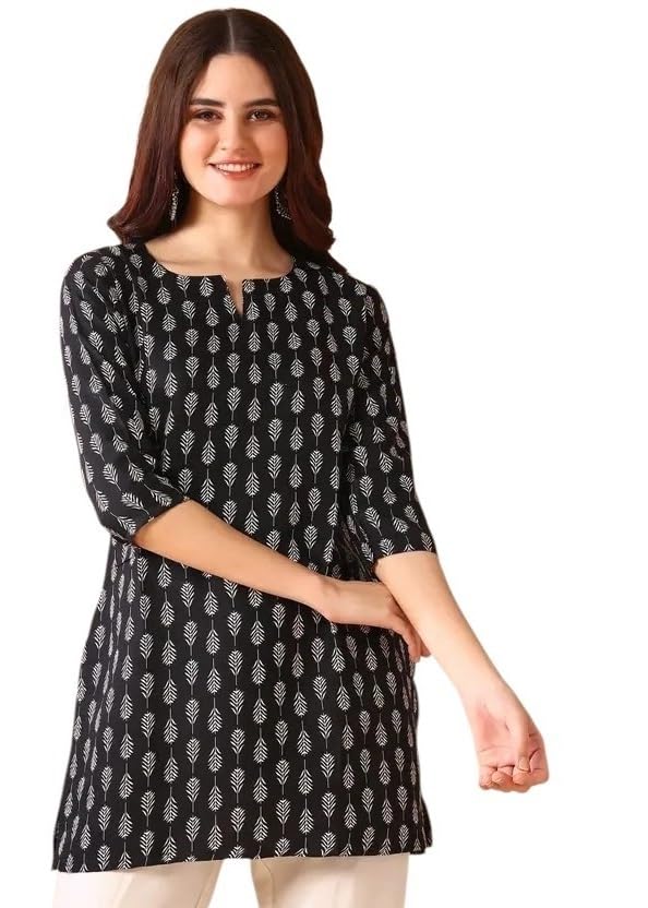 Image of Women's Short Kurti in Multicolor Rayon Cotton Blend | Ladies Ethnic Tunic | Office