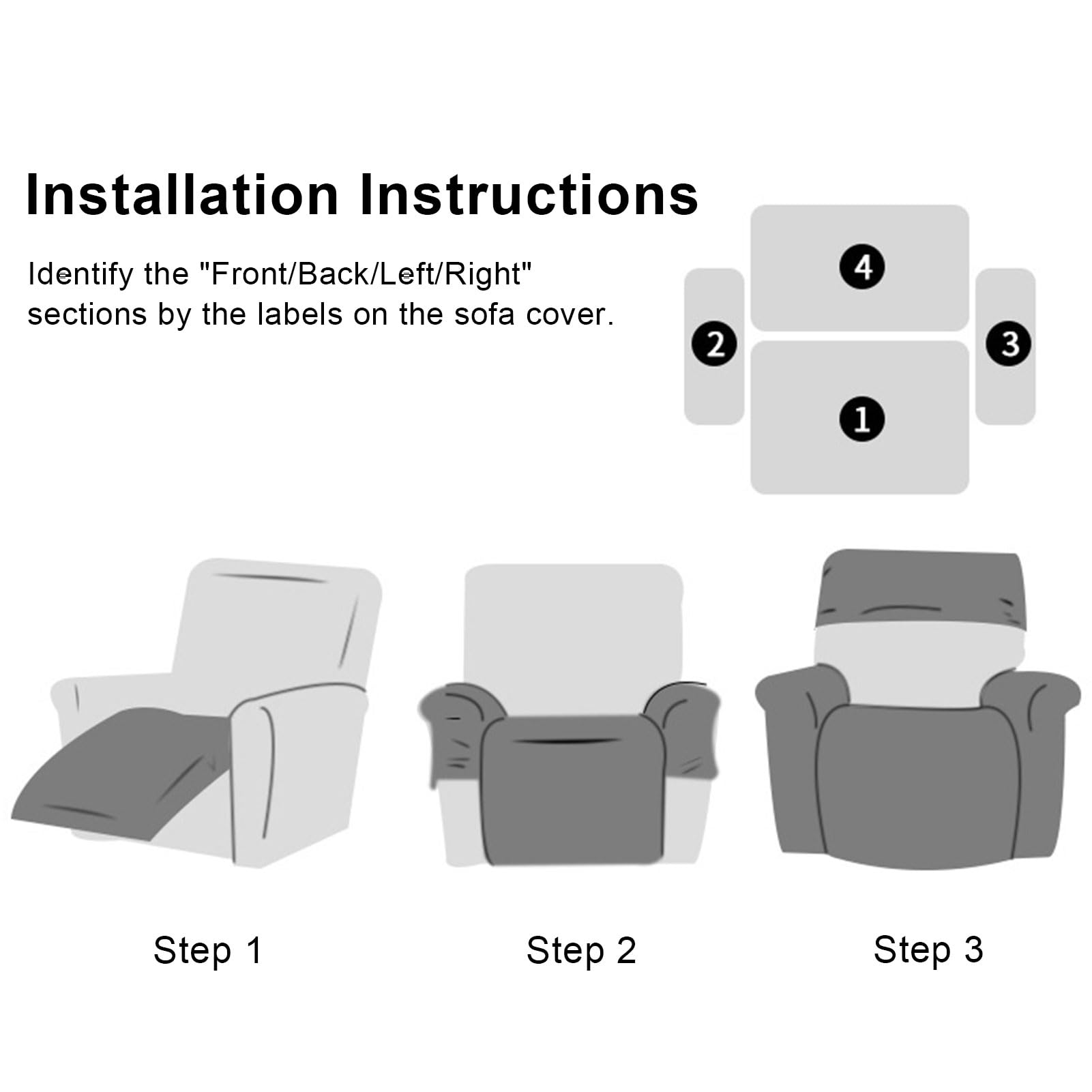 Coprisedia in 4 pezzi, coprisedia completa per poltrona relax, coprisedia per poltrona TV, coprisedia completa, fodera elasticizzata per poltrona con tasche (Nero-singolo sedile)