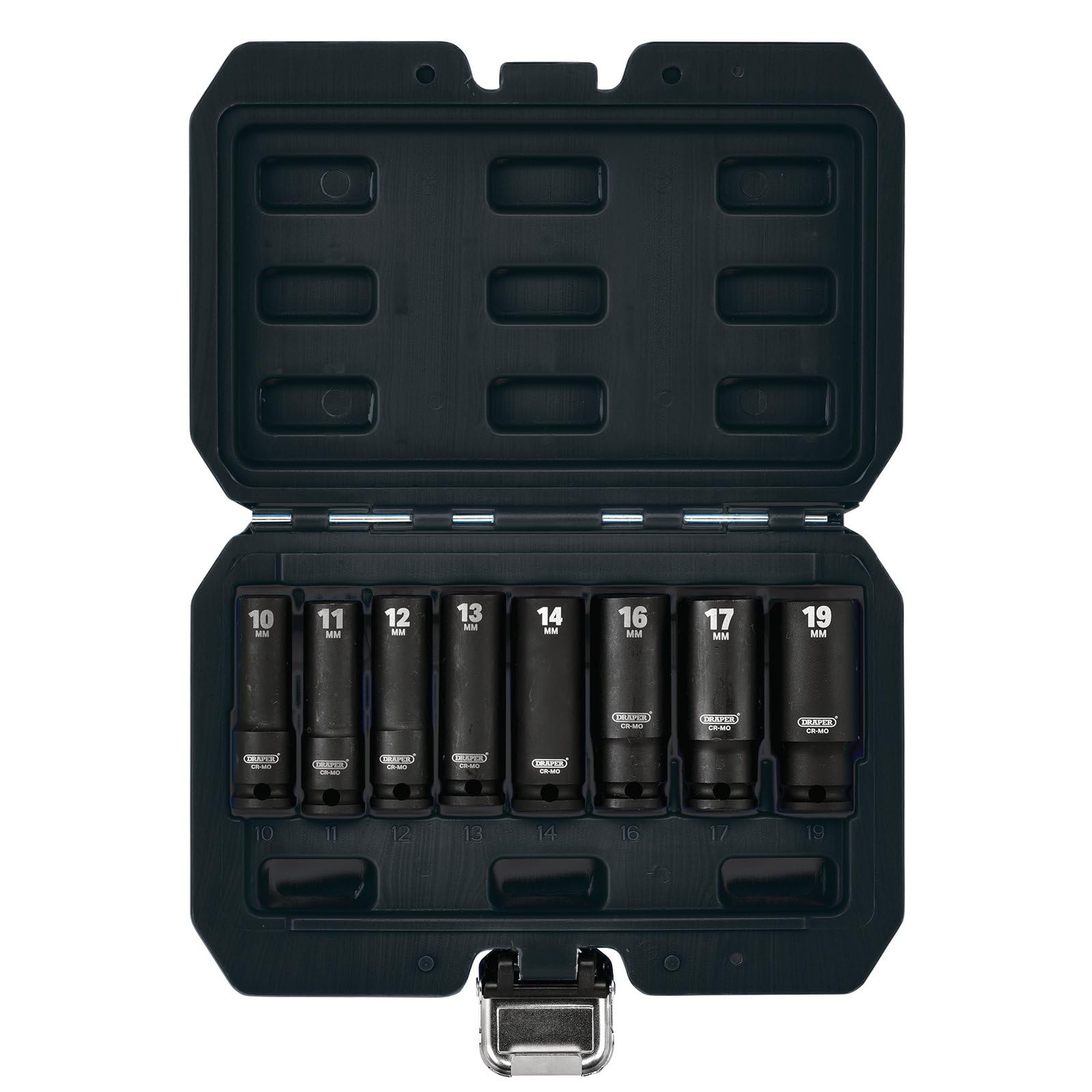 Draper HI-TORQ 8pcs Metric Deep Impact Socket Set, 3/8" Sq. Dr. - 20205-6-Point CR-MO Steel, Black, 1 - Image 2