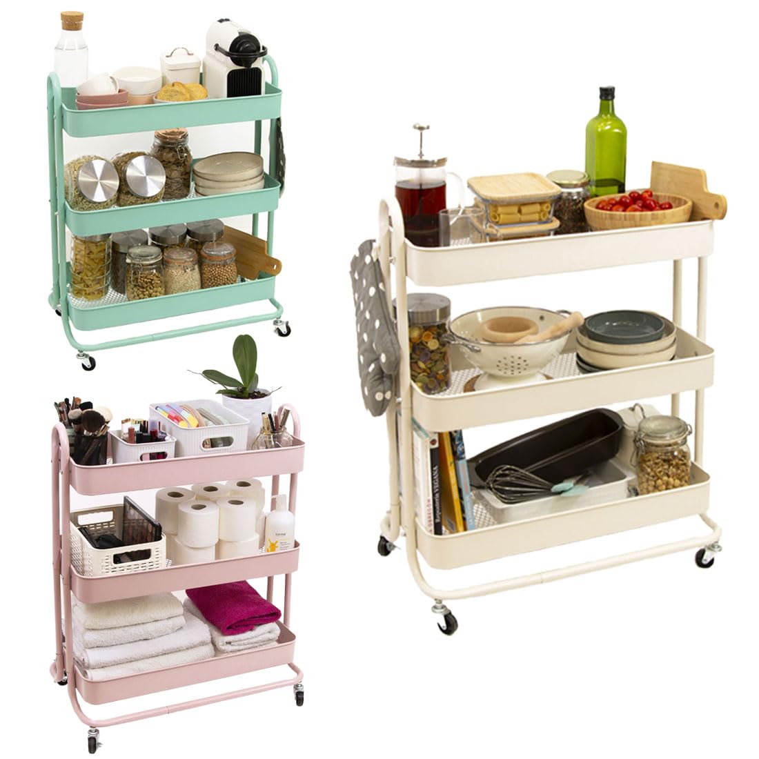 Craftelier - Duży metalowy wózek organizacyjny z 3 tacami | 4 kółka obrotowe o 360° z hamulcami | Całkowity rozmiar: 71,2 x 61 x 29 cm - Głębokość tac: 6,6 cm | kolor miętowy