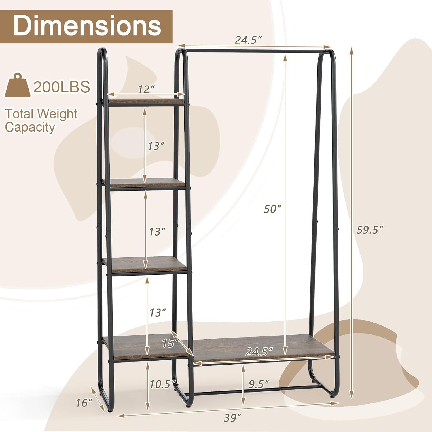 Detailed dimensions of the clothes rack including height, width, and shelf depths