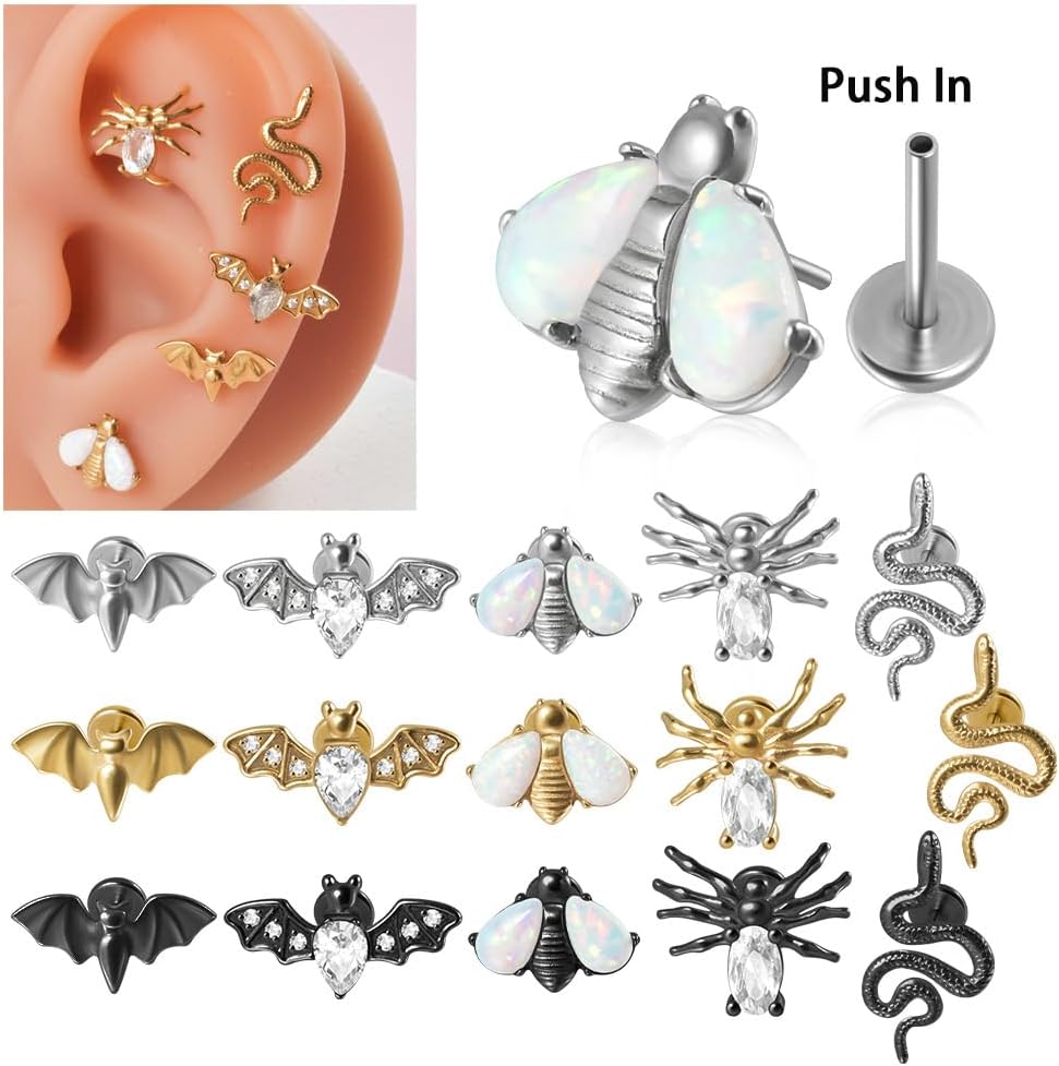 5pcs 20G Stainless Steel Spider Halloween Flat Back Earrings Studs Labret Stud Press Fit Threadless Push In Dainty Cartilage Helix Conch Lobe Lip Tragus Piercing Jewelry
