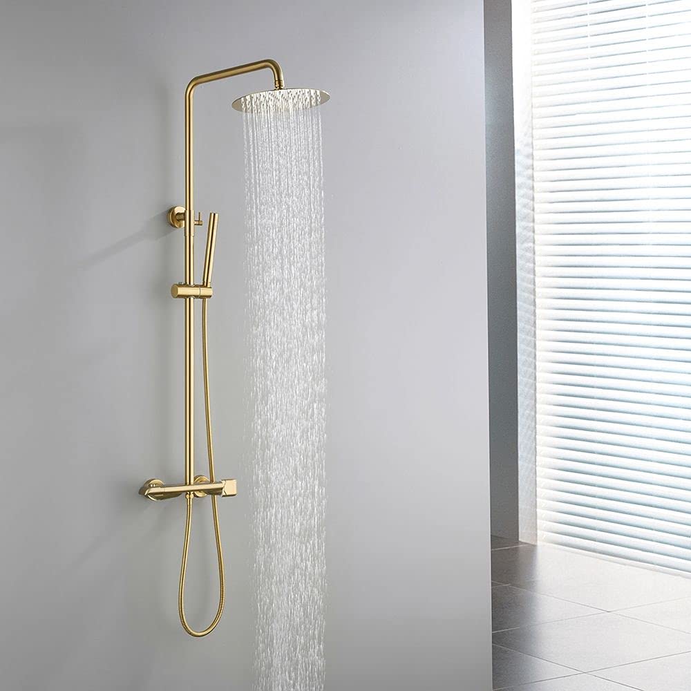 10" Shower System Luxury Exposed Shower Fixture Thermostatic Rainfall Shower Head Brushed Gold