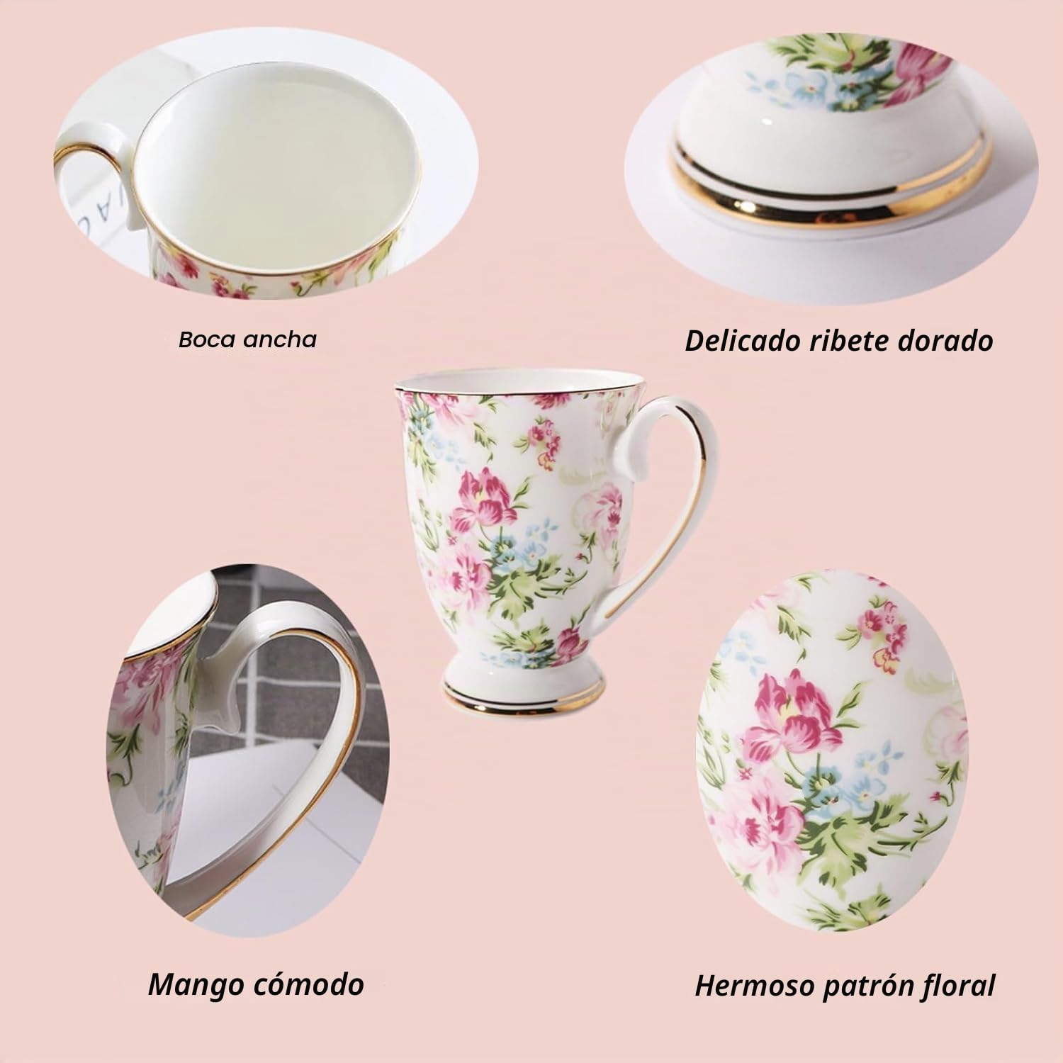 Juego de 4 tazas de café, diseño floral, tazas de té de huesos grandes, tazas de té de 300 ml con asa para capuchino, café, té, leche, oficina, regalo (B)