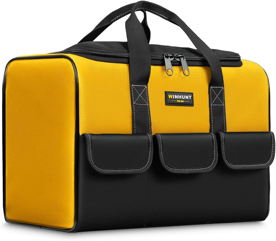 WINHUNT Large Tool Bag, 17 inch Wide Mouth Tool Organizer Bag for Home Repairs,Garage StorageDouble Zipper, Yellow and Black, 16.9 x 11.8 x 9.8 inch