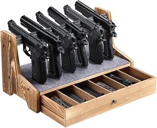 Pistol Rack, Pine Wood Gun Rack, Pistol Rack for Gun Safe, 6 Pistol Holder with Non Slip Carpeted Surface, Gun Holder Organizer with Drawer for Storing Accessories - Livoccur