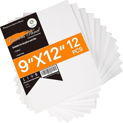 CONDA Lienzos de artista para pintar de 9 x 12 pulgadas, paquete de 12 unidades, imprimados, 100% algodón, paneles de lona, tablero de lona sin