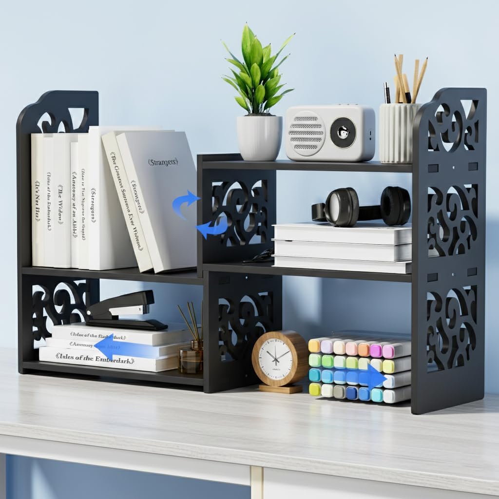 YGYQZ Desk Shelves Desktop Orgnizer Shelf-Black Office Organization for Top of Adjustable Desk Organizers and Corner Bookshelf Table Top Shelving Small Hutch Decorations for Women Office