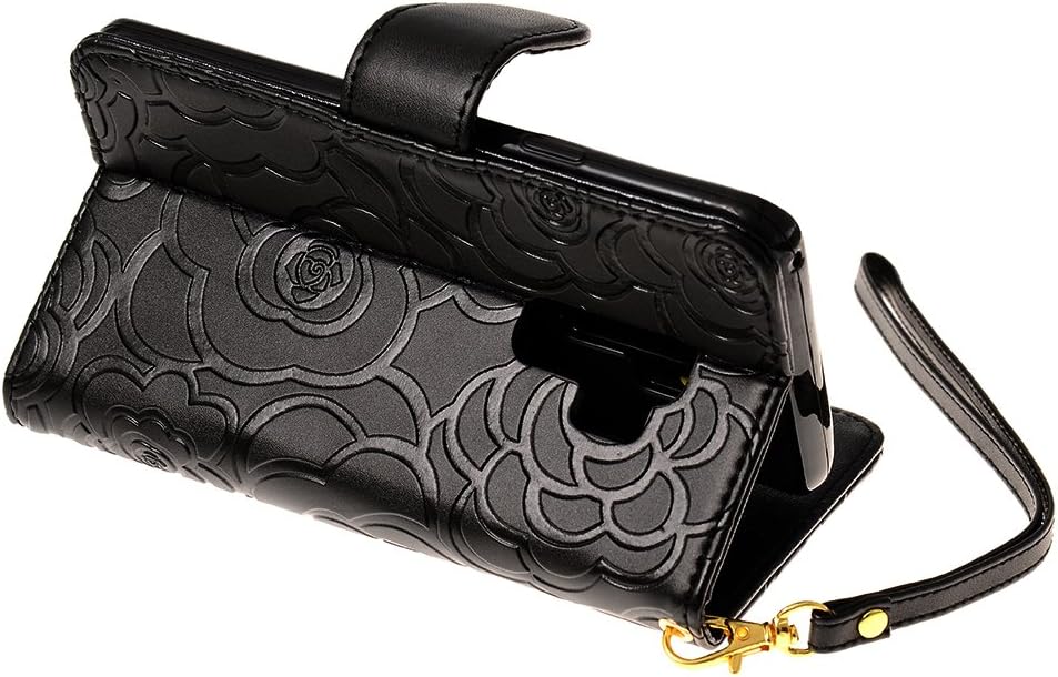 FLYEE Case Compatible with Galaxy S9 Plus(6.2 inch,Released in 2018),Wallet Case for Women and Girls with Card Holder,[Embossed Flowers] Premium Flip PU Leather Protective Case with Wrist Strap-Black