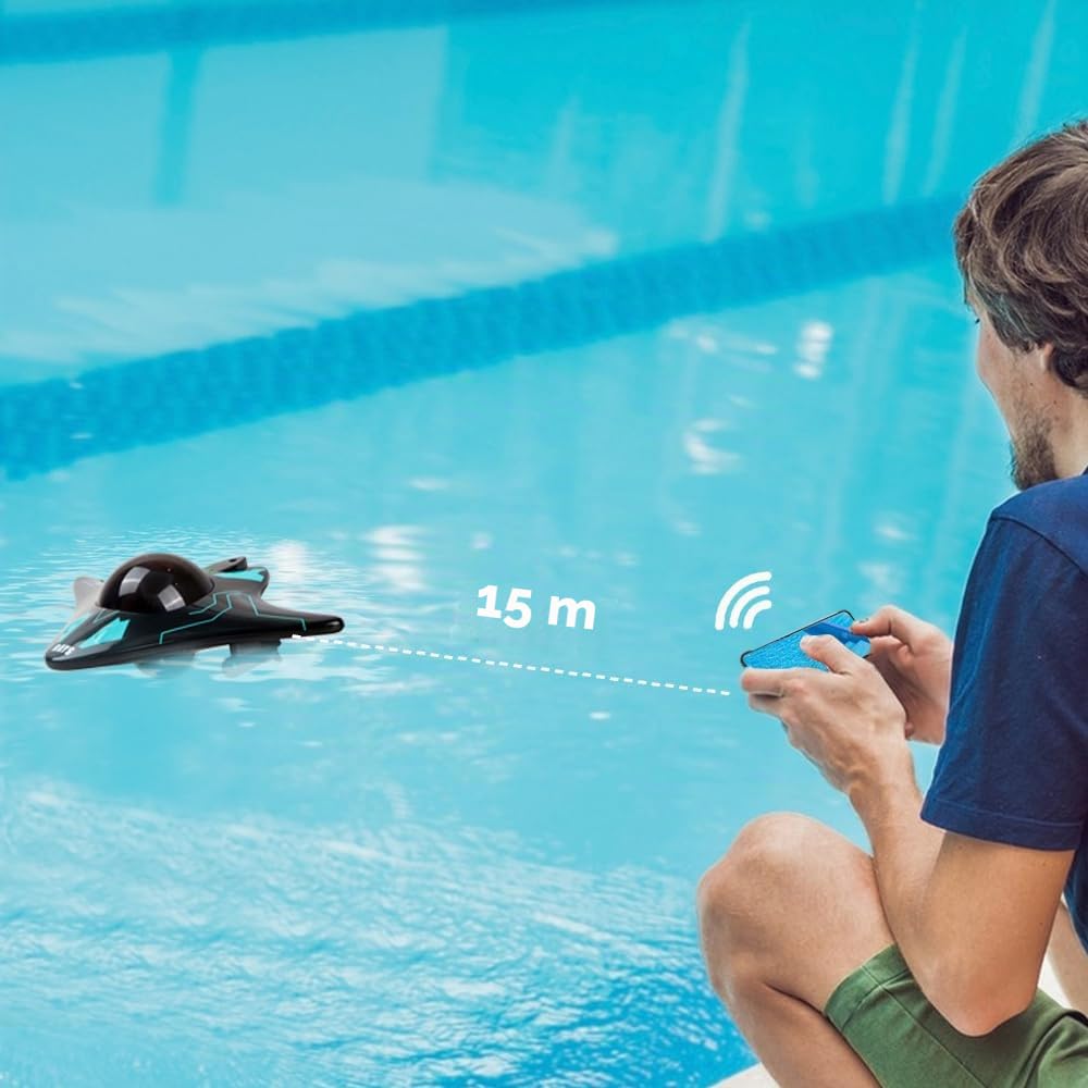 OBEST Barco teledirigido con cámara HD ajustable de 90°, juguete acuático operado por app, luces LED, nave espacial de agua rápida, adecuado para piscinas al aire libre