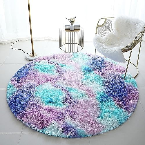 Round Rainbow Rug for Bedroom, 80cm Small Circle Rug, Fluffy Kids Carpet, Circular Fuzzy Rug, Cute Room Decor for Teen Girls, Plush Bedroom Rug Nursery Rug, Kids Rug Girls Room Decor