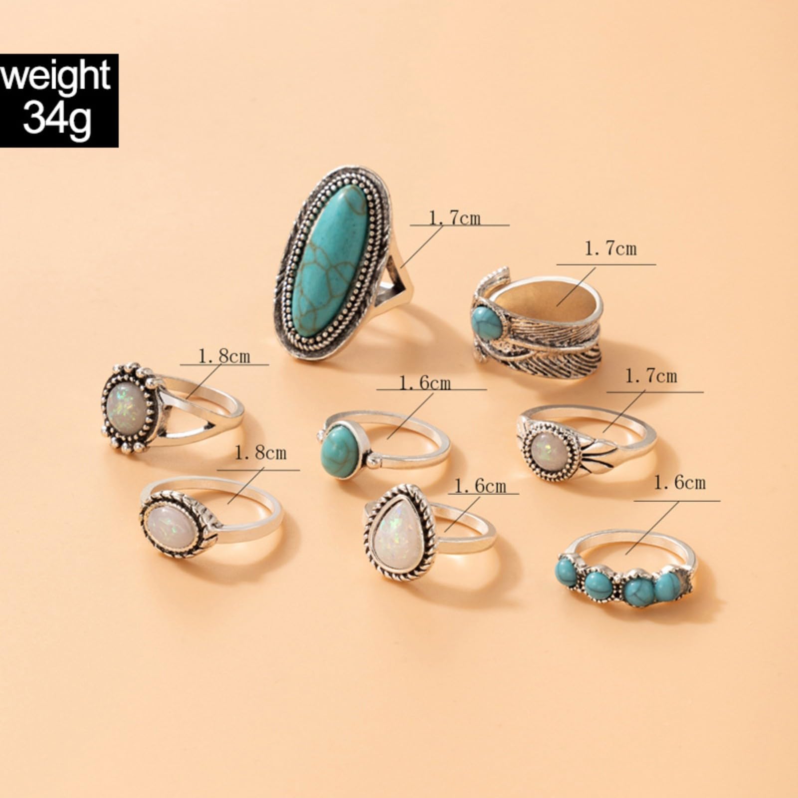 Juego de 8 anillos bohemios para nudillos para mujer, anillo de dedo turquesa ovalado vintage, ópalo, piedras preciosas, lágrima, midi, paquete de anillos punk, hoja punk, joyería diaria 6