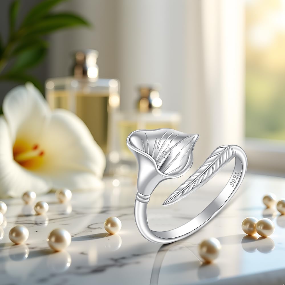 Calla Lily Gifts Calla Lily Ring for Women Sterling Silver Adjustable Ring Flower Open Design Elegant Jewelry for Women - Image 8