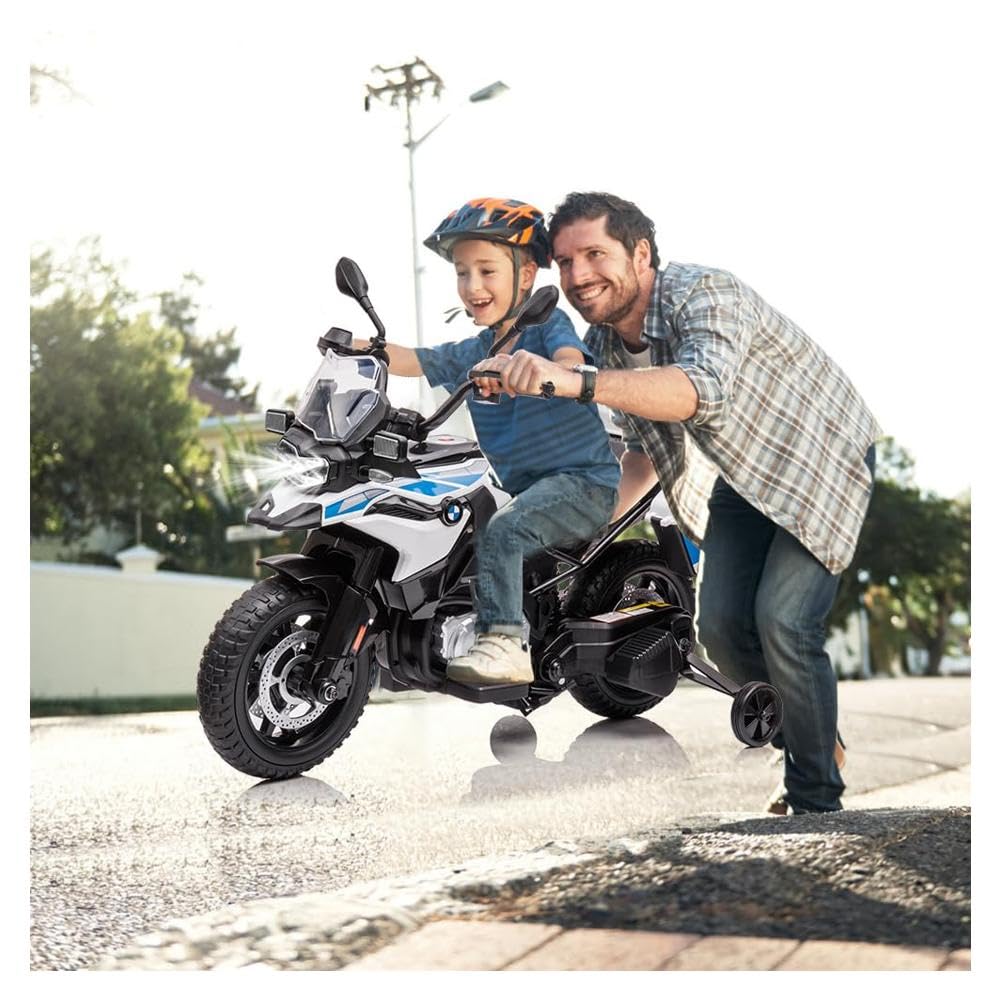 Ride On - Motocicletta della polizia, 12 V 7 Ah con licenza BMW per bambini a 2 velocità, fari LED, sospensioni, MP3, musica e ruote di supporto