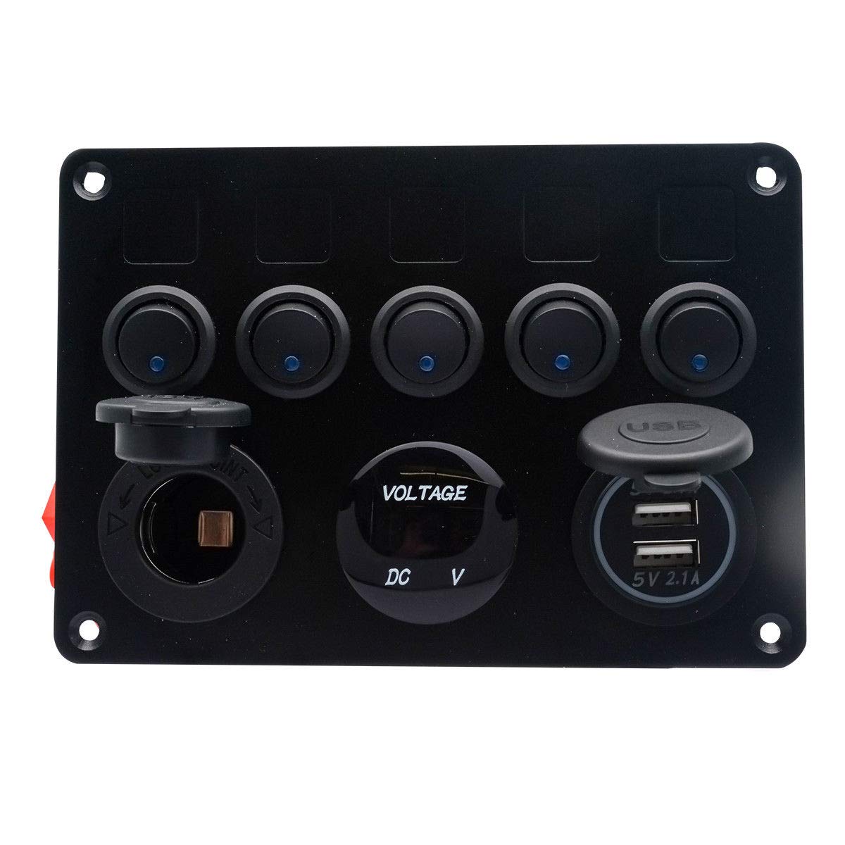 Boat Multi-Functions Panel - 5 Gang ON-Off Toggle Switch Panel,Dual USB Socket Charger 2.1A&2.1A + Cigarette Lighter + LED Voltmeter for Car Marine RV Truck Camper Vehicles GPS Mobiles (Red)