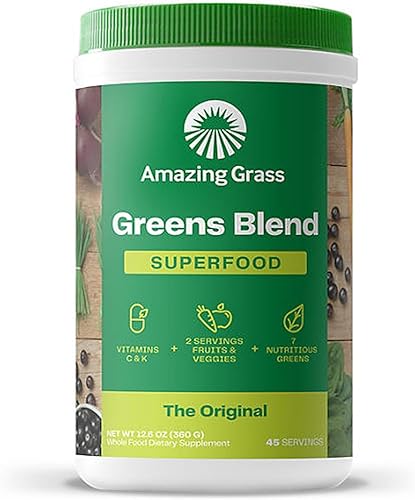 Amazing Grass Super Greens Powder espirulina orgánica, alfalfa, mezcla de raíz de remolacha con enzimas digestivas y probióticos, sabor original, 45