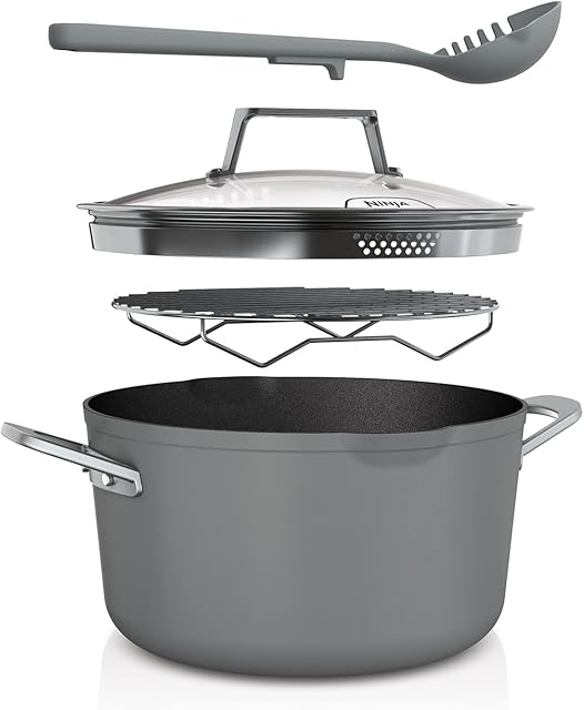 Ninja Foodi 8-in-1 PossiblePot [CW202GYUK] ZEROSTICK Technology, Integrated Roasting/Steaming Rack, Strainer, Non-Stick, Induction Compatible, Sea Salt Grey