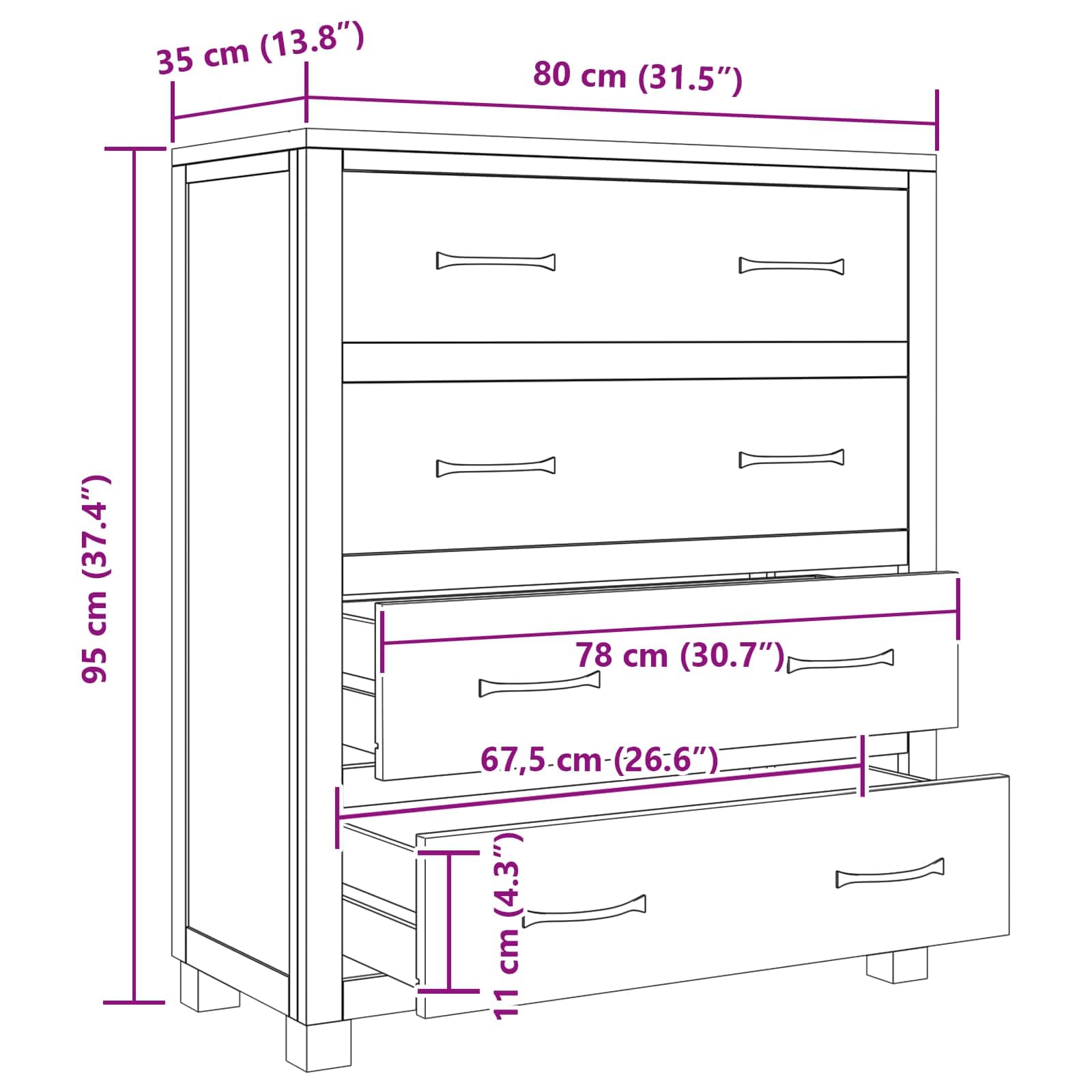 Schrank mit Stauraum aus massivem Eichenholz braun 80 x 35 x 95 cm mit 4 Schubladen und Anti-Kipp-Vorrichtung für Wohnzimmer Schlafzimmer Flur vielseitige Aufbewahrung