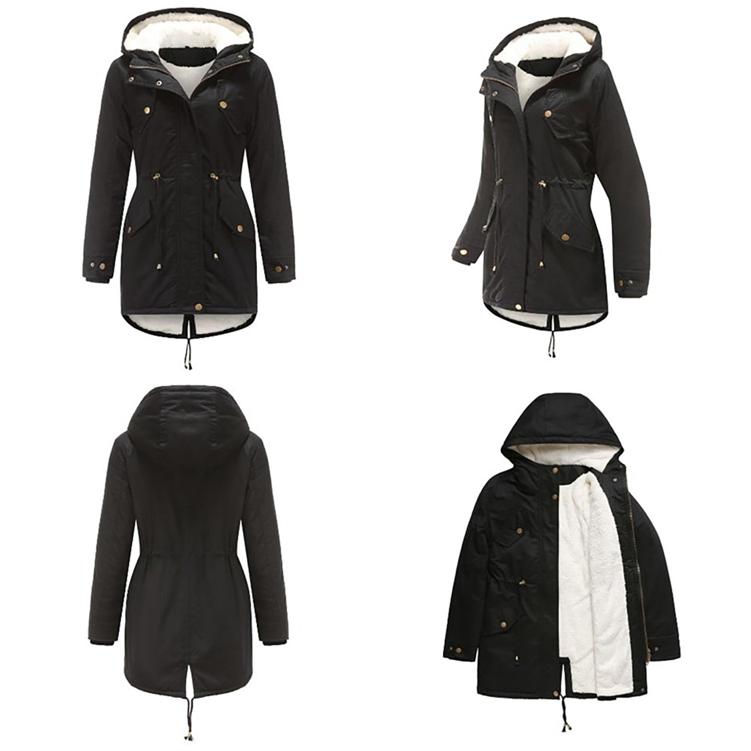 Damen Parka Mantel mit Kapuze Gepolsterte Baumwolljacke Damen Solide Fleece Gefüttert Warme Oberbekleidung für Radfahren, Wandern, Angeln, Bergsteigen,Black,S(Bust:104m)