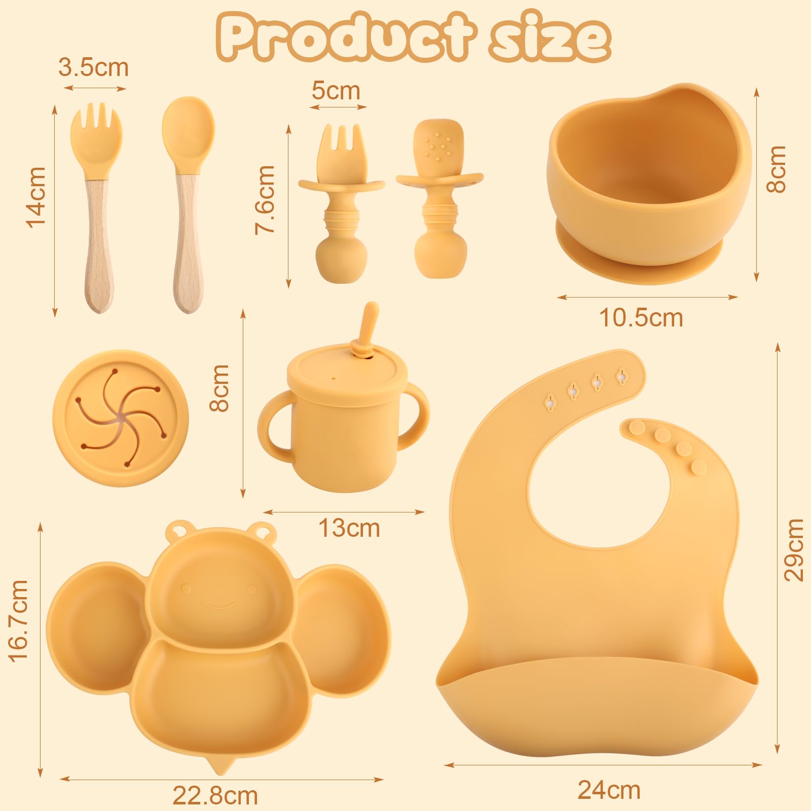 Set Repas Bébé,Silicone Antidérapant avec Ventouse, 8 pièces : Assiette Bebe Ventouse, Assiette pour Enfant avec Ventouse, Gobelet en Silicone, Cuillère, Fourchette, Bavoir, Gobelet, Jaune