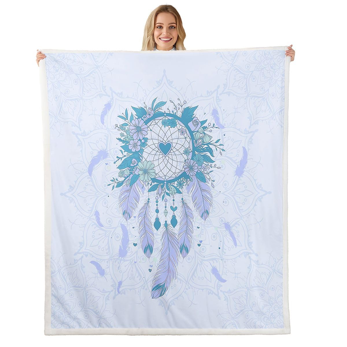 Traumfanger Werfen Sie Decke, Queen Größe Träumige Feder Exotische Blume Herz Dekor Decke Werfen für Erwachsene Romantischer Stil Lila Blau Heimdekor für Bett