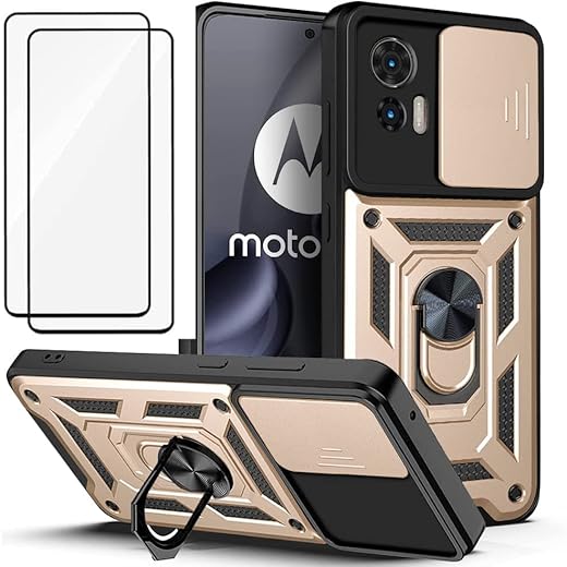 Capa Motorola Moto Edge 30 NEO Capinha (2 pedaços de filme temperado Protetora) de Câmera Proteção de Tela Metal (Ouro)