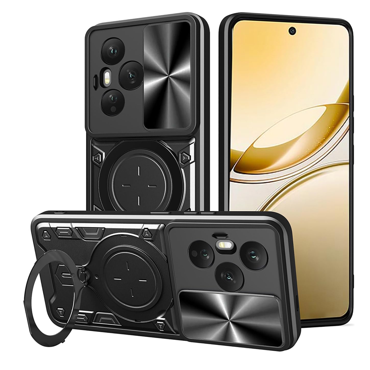 ILING Case for Honor 400 Pro 5G, Metal Texture Advanced Shockproof Armor Hard PC Cover, Matte Silicone TPU Bumper Case with Ring Stand and Camera Cover (Black) HONOR 400 Pro 5G Black