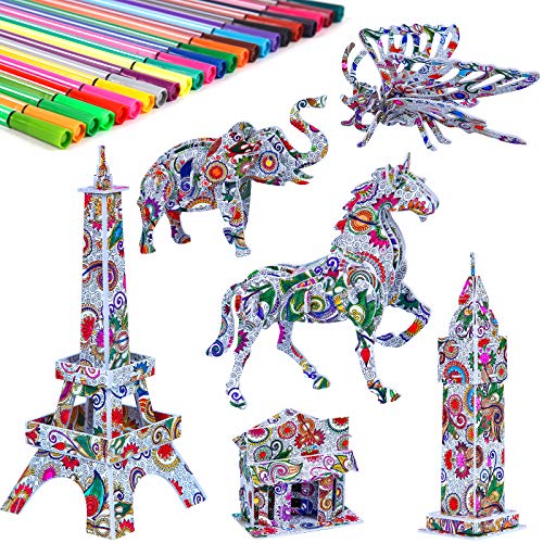mloong 3D Coloring Puzzle Set,6 Pack Coloring Painting Toys Set DIY Arts Crafts Puzzles with 24 Pen Markers for Kids Age 5-12 Fun Creative DIY Toys Gift for Girls and Boy(6pack)