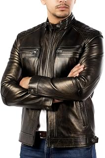Men's Cafe Racer Biker Jacket - Genuine Lambskin, Real Leather Motorcycle Jacket