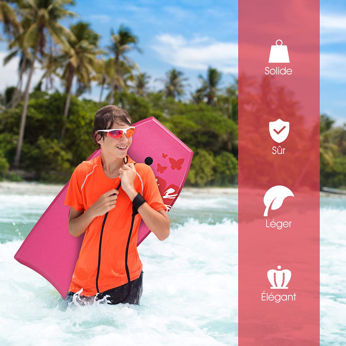 DREAMADE Planche de Surf en XPE et HDPE avec Bande Pratique et Corde à Pied, Bodyboard Planche avec Capacité de Charge de 85KG, pour Adultes et Enfants Plus de 14 Ans, 105X51X6CM