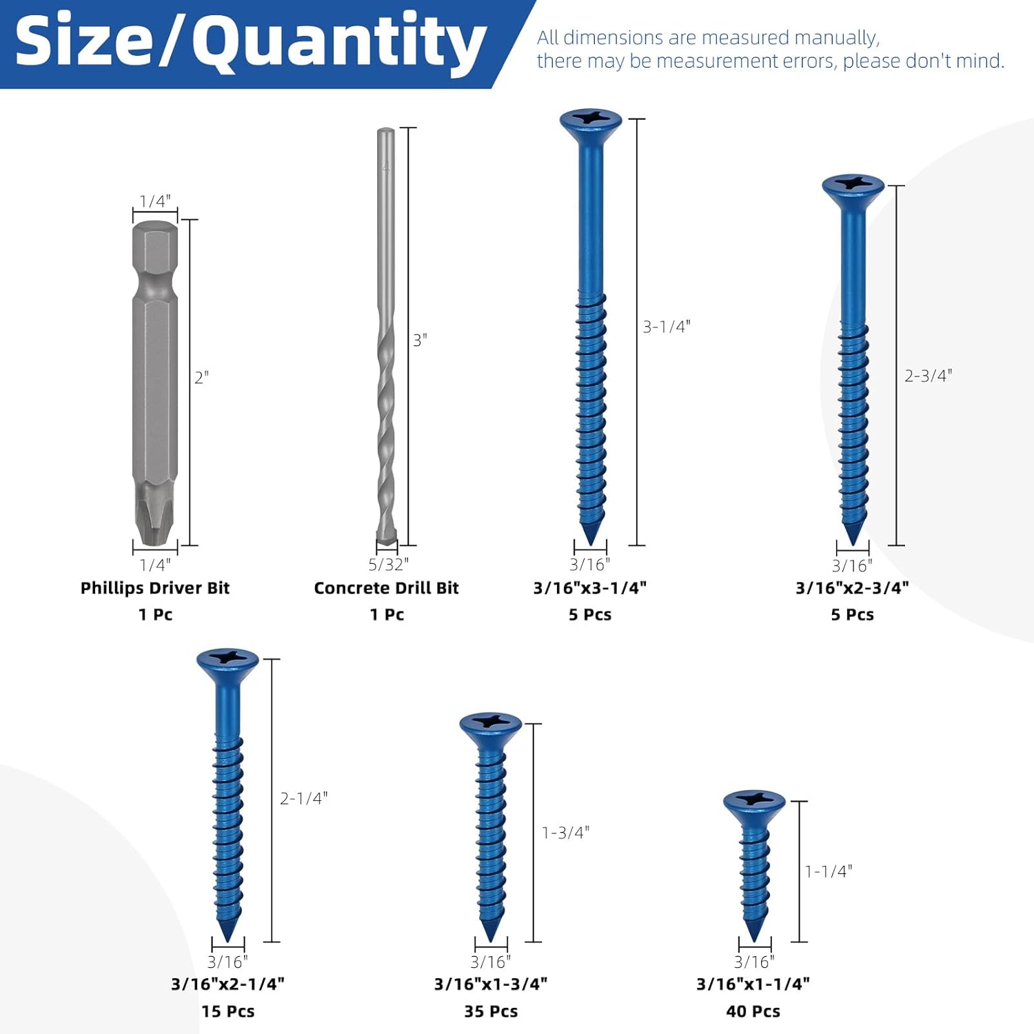 Glarks 102pcs 3/16 Inch Blue Flat Head Phillips Concrete Screws Anchor Set, 5 Sizes Heavy Duty Concrete Anchor Screws with Drill Book for Anchoring, Masonry, Block, Brick (3/16 Inch)