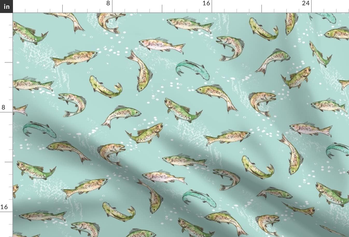 Spoonflower Fabric - Fishing Sea Green Fish Trout Salmon River Water Nature Lake Boat Printed on Satin Fabric by The Yard - Sewing Lining Apparel Fashion Blankets Decor