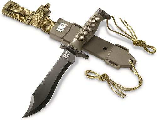 HQ ISSUE Cuchillo táctico Sawback Bowie de 12 pulgadas, hoja fija dentada de acero inoxidable, equipo de supervivencia al aire libre, verde oliva