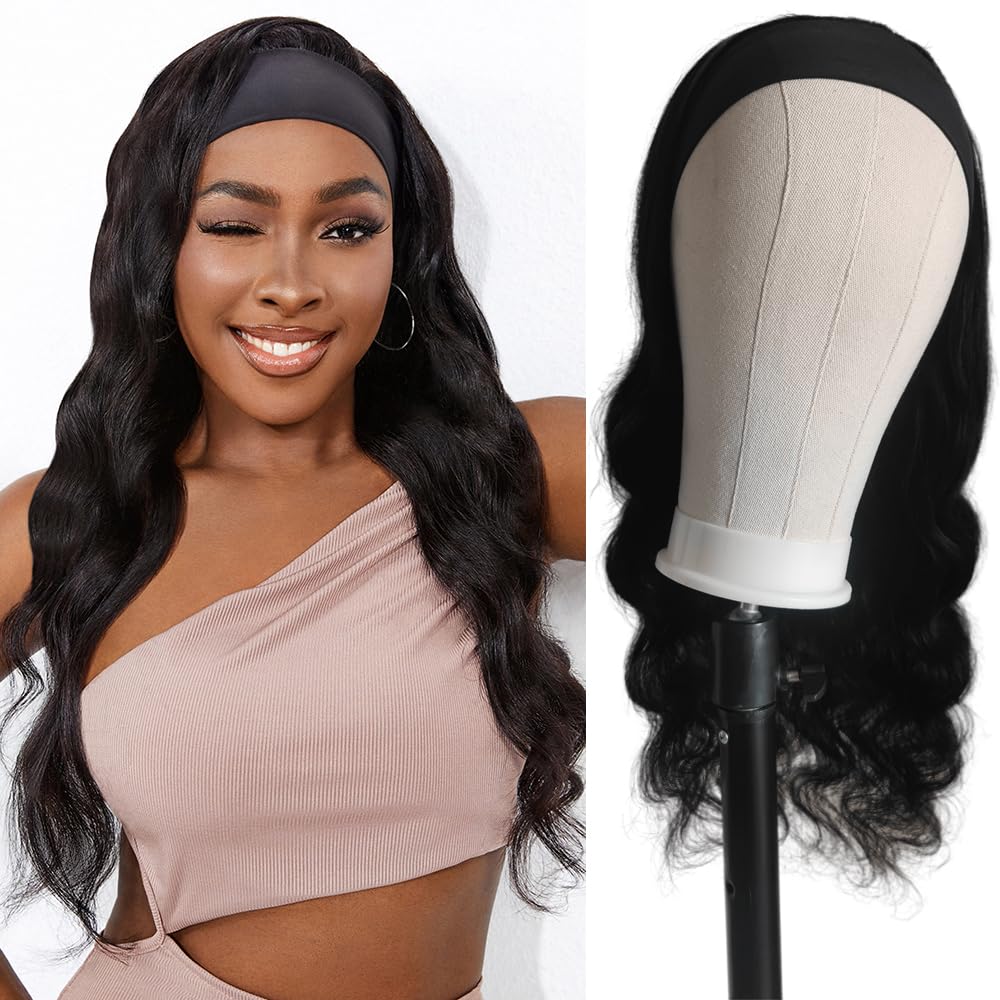 Headband Wigs for Black Women Human Hair Body Wave Human Hair Wigs Wear and Go Glueless Wigs Headband Wig Human Hair Brazilian Virgin Hair Natural Color Machine Made Human Hair Wig 22 inch