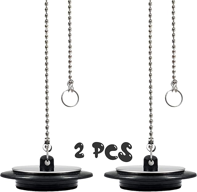 2Pcs Chain Drain Stopper, 43mm Universal Bath Plug with Long Metal Ball Chain and Hanging Ring, Chrome & Rubber Sink Plug Drain Cover Trap Strainer Replacement for Bathtub Bathroom Kitchen Home