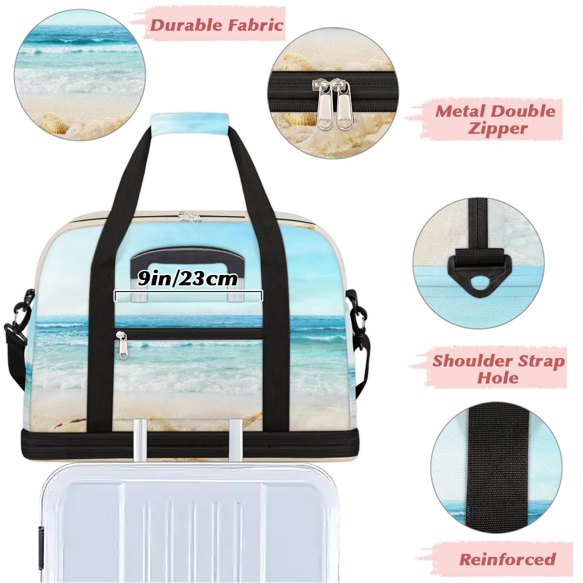 Shells Beach Sea - Bolsa de viaje plegable para playa, 47 L, bolsa de fin de semana con funda de carrito, bolsa de hombro separada para deportes, gimnasio, viajes, multicolor, 47L, Bolsa de viaje