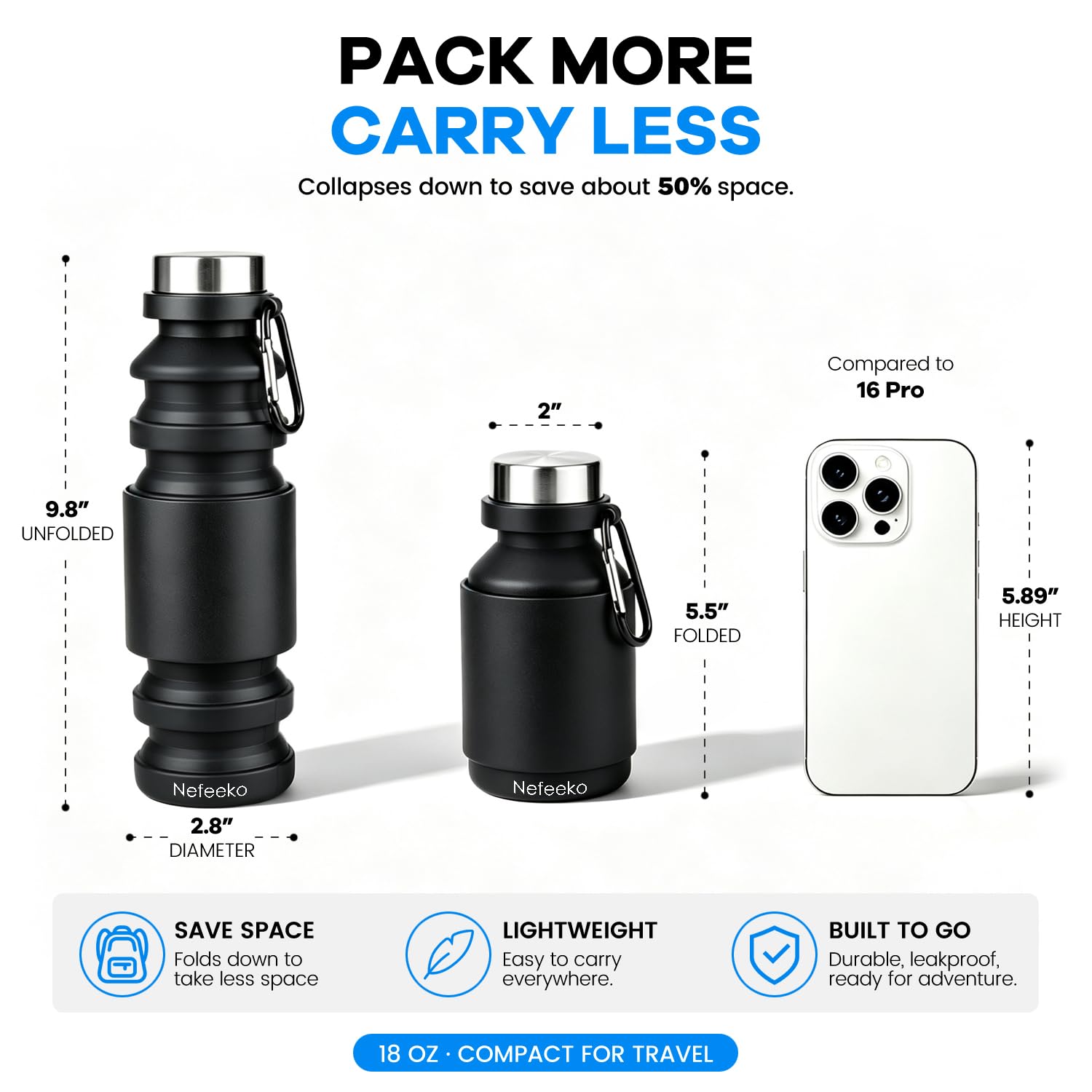 Nefeeko Faltbare Sport-Wasserflasche, faltbar, Reise-Wasserflasche, BPA-frei, FDA-genehmigt, lebensmittelechtes Silikon, tragbar, auslaufsicher, Geschenk für Reisen, Camping, Outdoor, 457 ml, schwarz