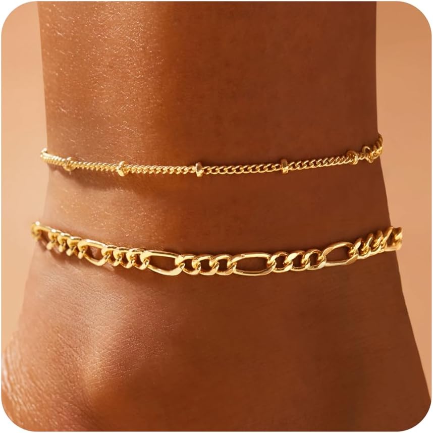 Anklet for Women, 14K Gold Plated Waterproof Ankle Bracelets Stackable Layer Anklets Dainty Jewelry Gift for Women
