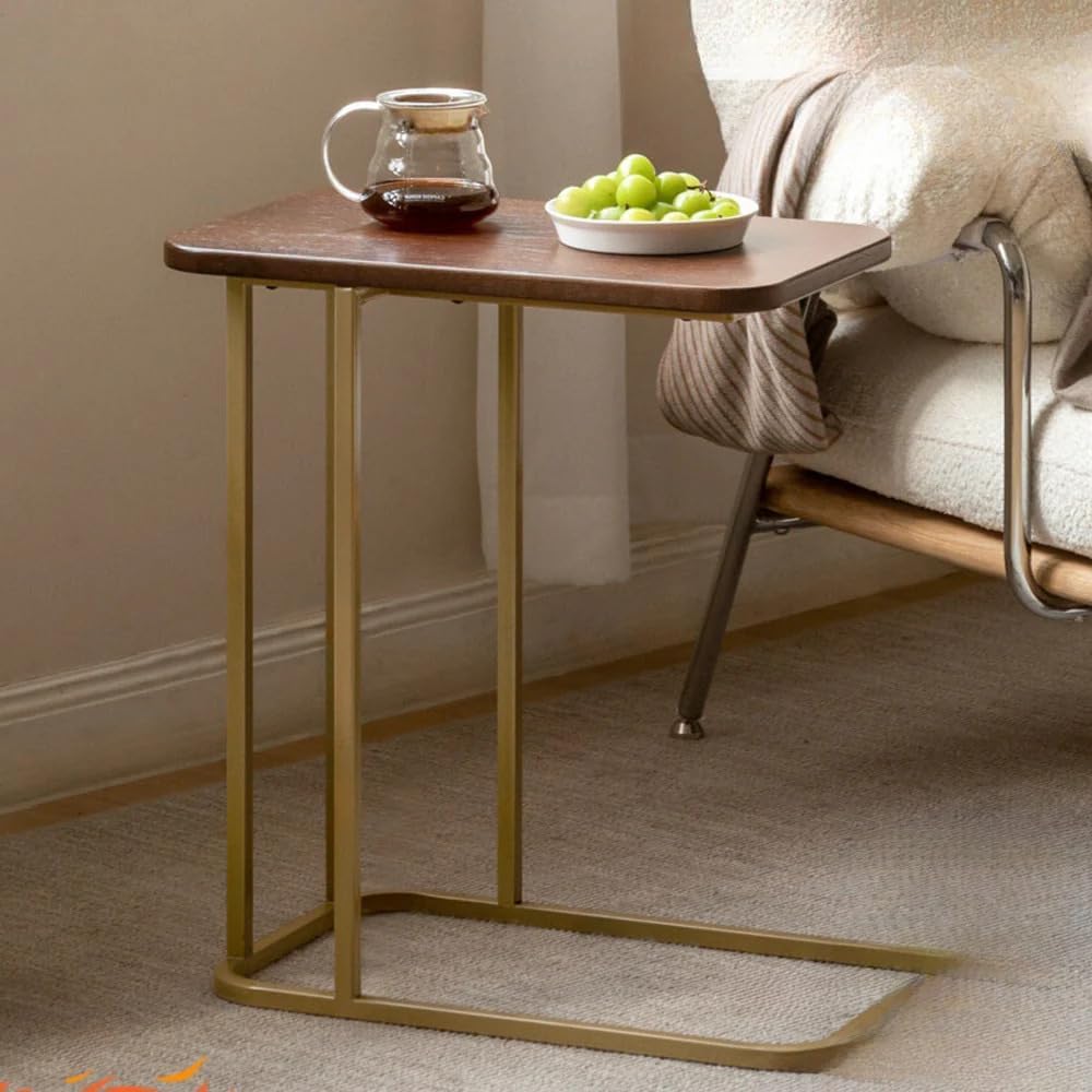 FURNIFOX Indoor Side Tables MDF Top Coffee End Tables Slim C Shaped Table with Golden,Black Iron Structure, Desk for Home Living Room Decor (Brown Golden)-picture-11
