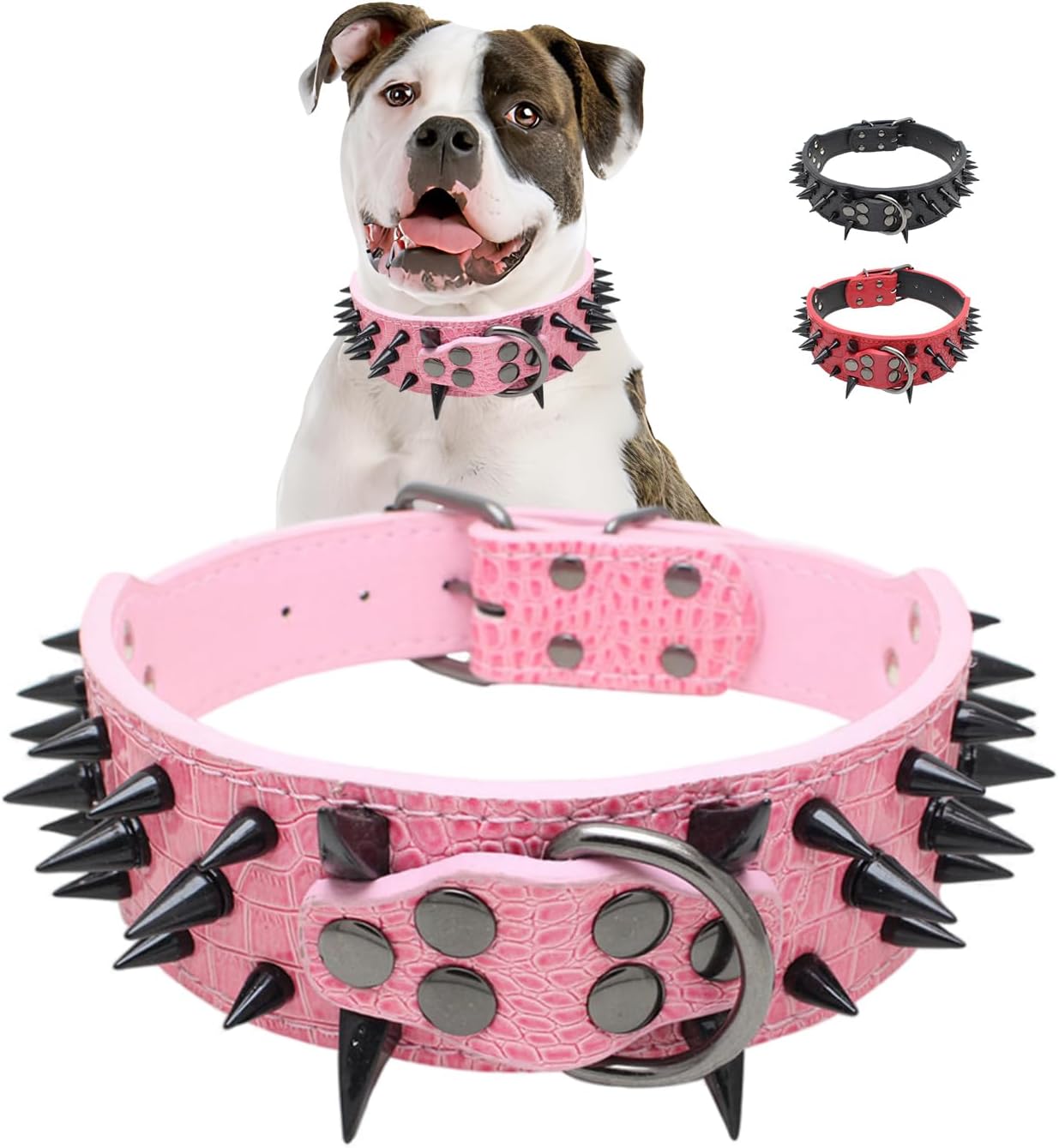 Spiked Dog Collar, Sharp Spike Studded Anti-Bite Protect Pets Neck Adjustable for Medium Large Breed Dogs as Mastiff Pitbull Pug Bulldog, Black Rivets 2-Inch Wide Red 21-24"