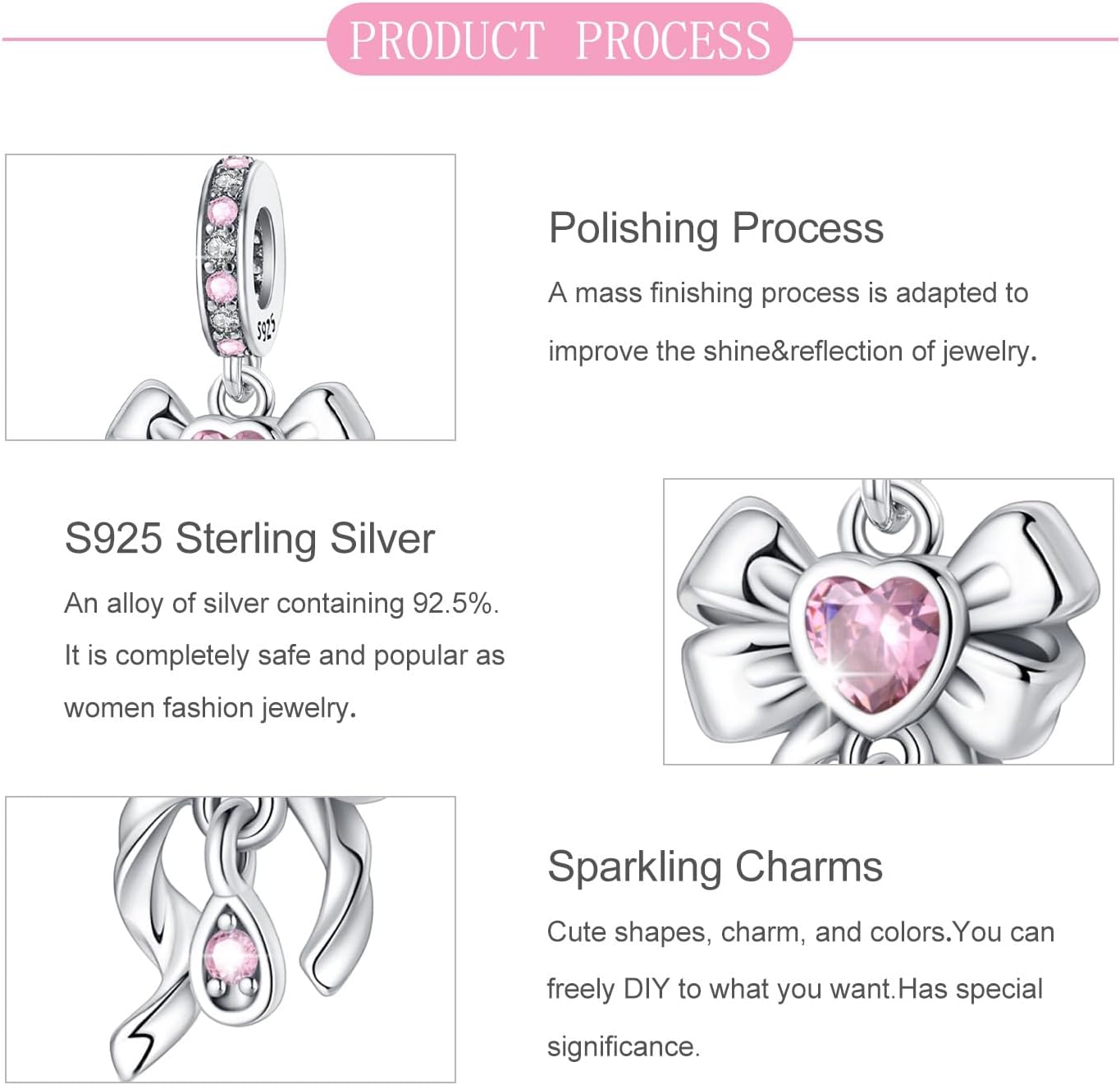 925 Sterling Silver Bead Charm for Pandora Bracelets and Necklaces,Pink Bow Cherry Butterfly Pendant Bead Charms Jewelry Present Valentines Gifts for Wife/Girlfriend Women - Image 4