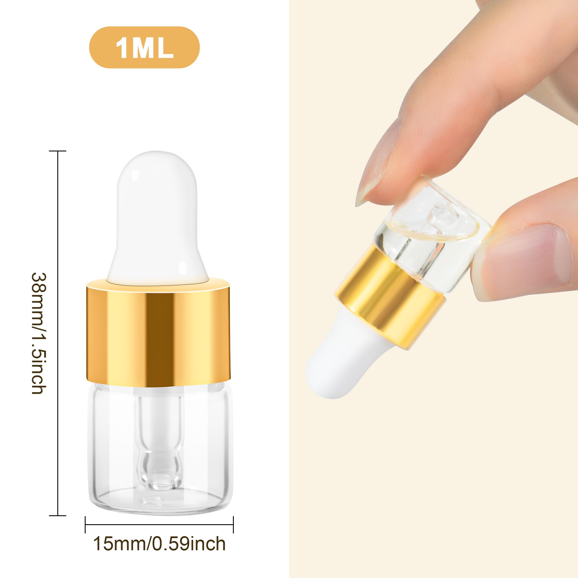 Mini botella cuentagotas de vidrio de 1 ml para aceite esencial, 10 unidades | Pequeño gotero transparente de viaje con tapa dorada, recipientes de perfume y líquidos cosméticos para viajes