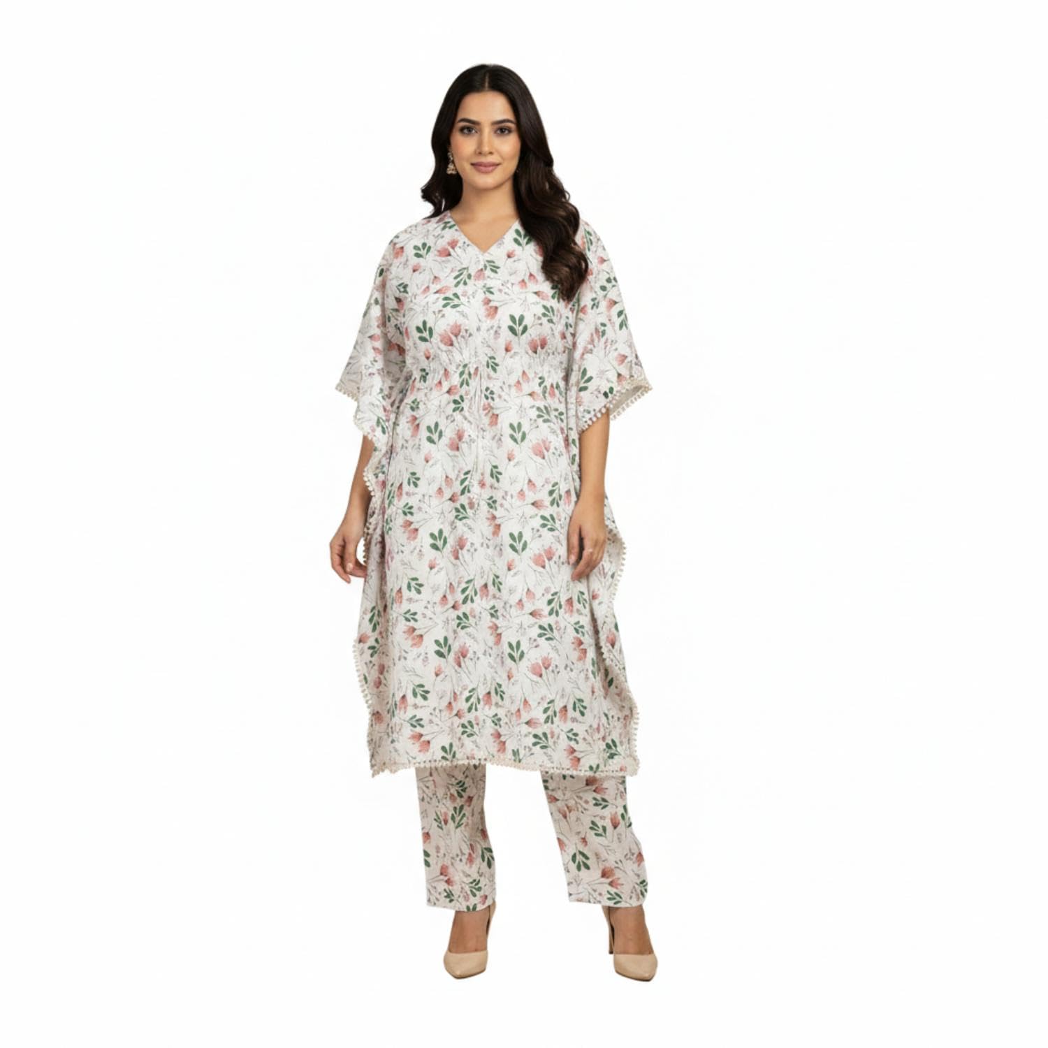indistring Women Combed Cotton Maternity Kaftan Pattern Floral Print Co-ord Set- White & Peach-picture-46