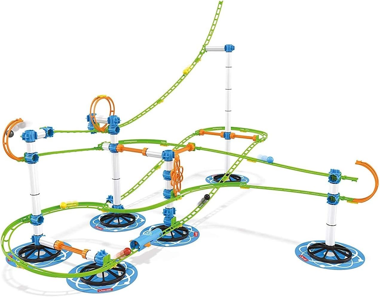 Fully assembled Quercetti Skyrail Evolution marble run with marbles on the track