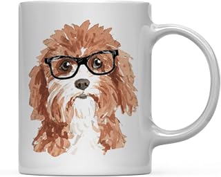 Andaz Press Funny Preppy Dog Art 11oz. Coffee Mug Gift, Cavapoo in Black Glasses, 1-Pack, Christmas Birthday Present Ideas for Him Her Dog Lover