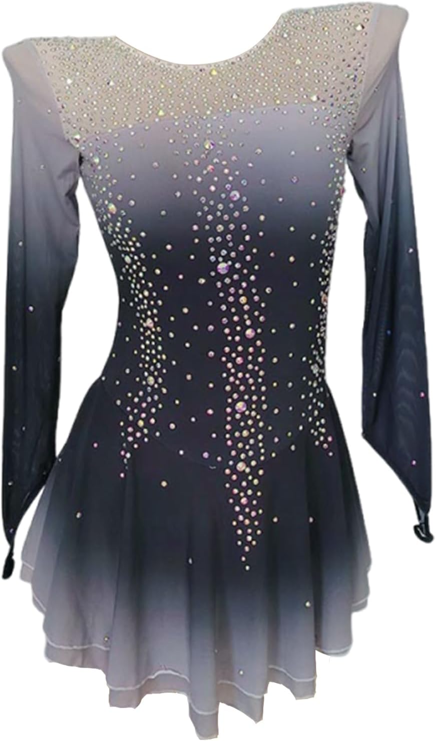 Customized Figure Skating Dress Girls Black Gray Gradient Stretch Ice Skating Costumes Women Competition Wear for Performance
